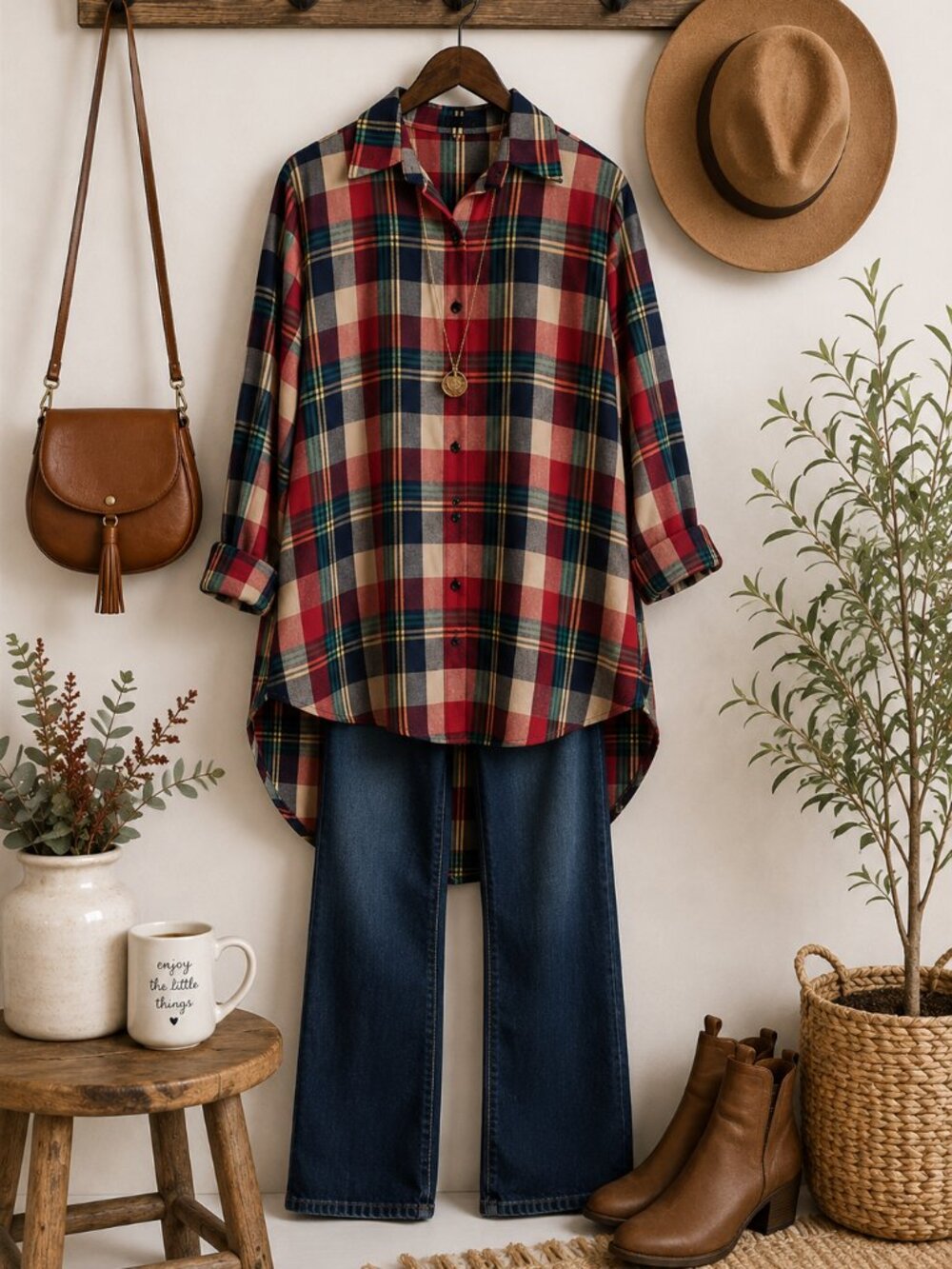 Plaid Button Front High Low Tunic Shirt Dress Red Green Medium